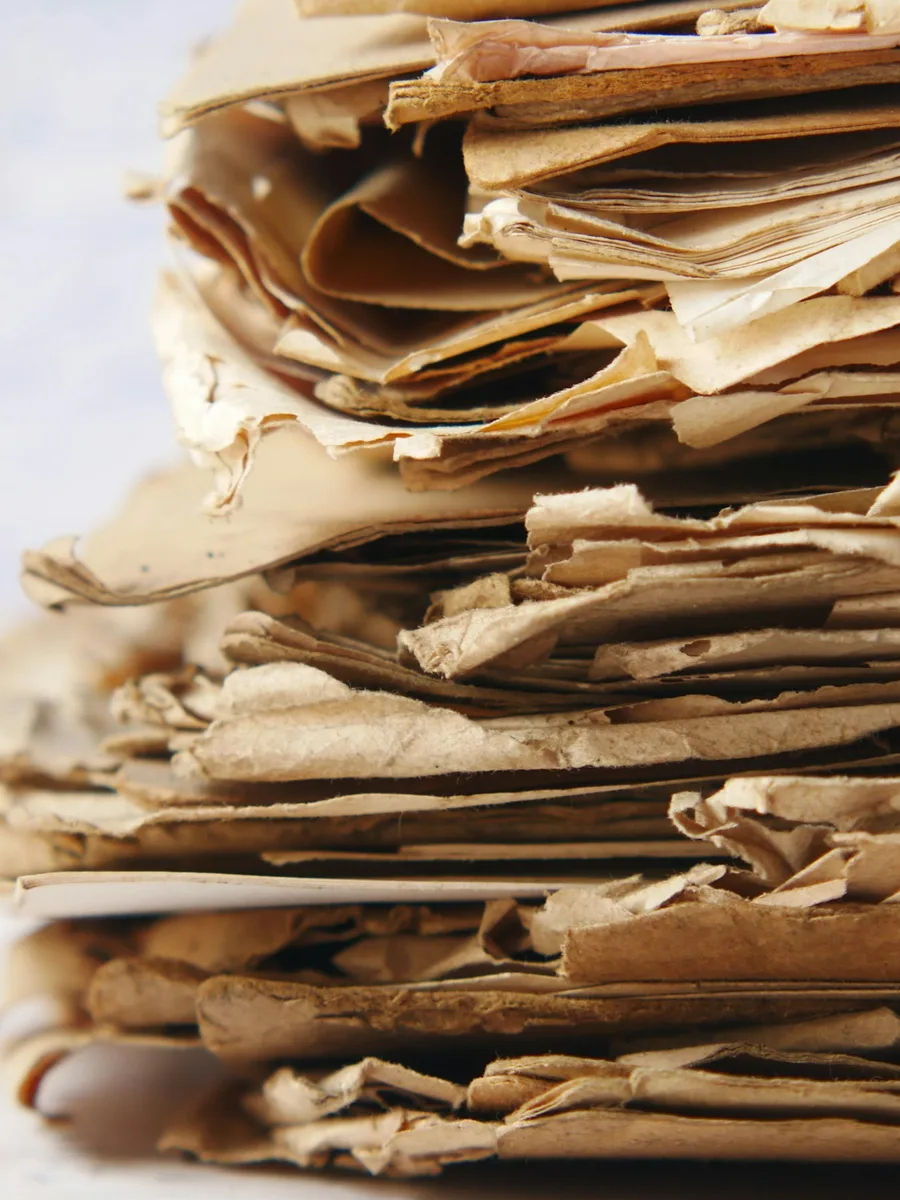 Une pile de vieilles feuilles de papier posée sur une table