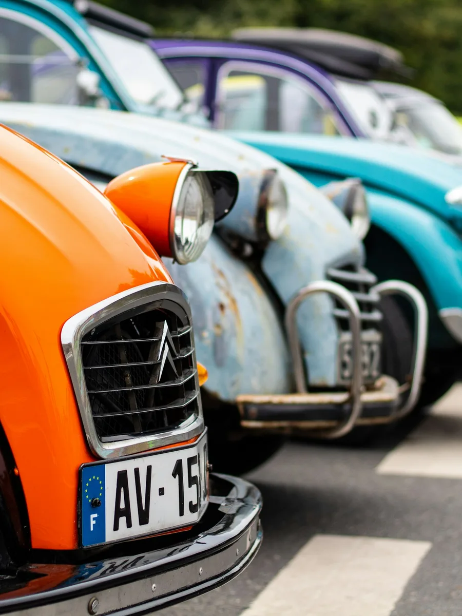 Plusieurs Citroën 2 CV anciennes de couleurs vives alignées, vues de face