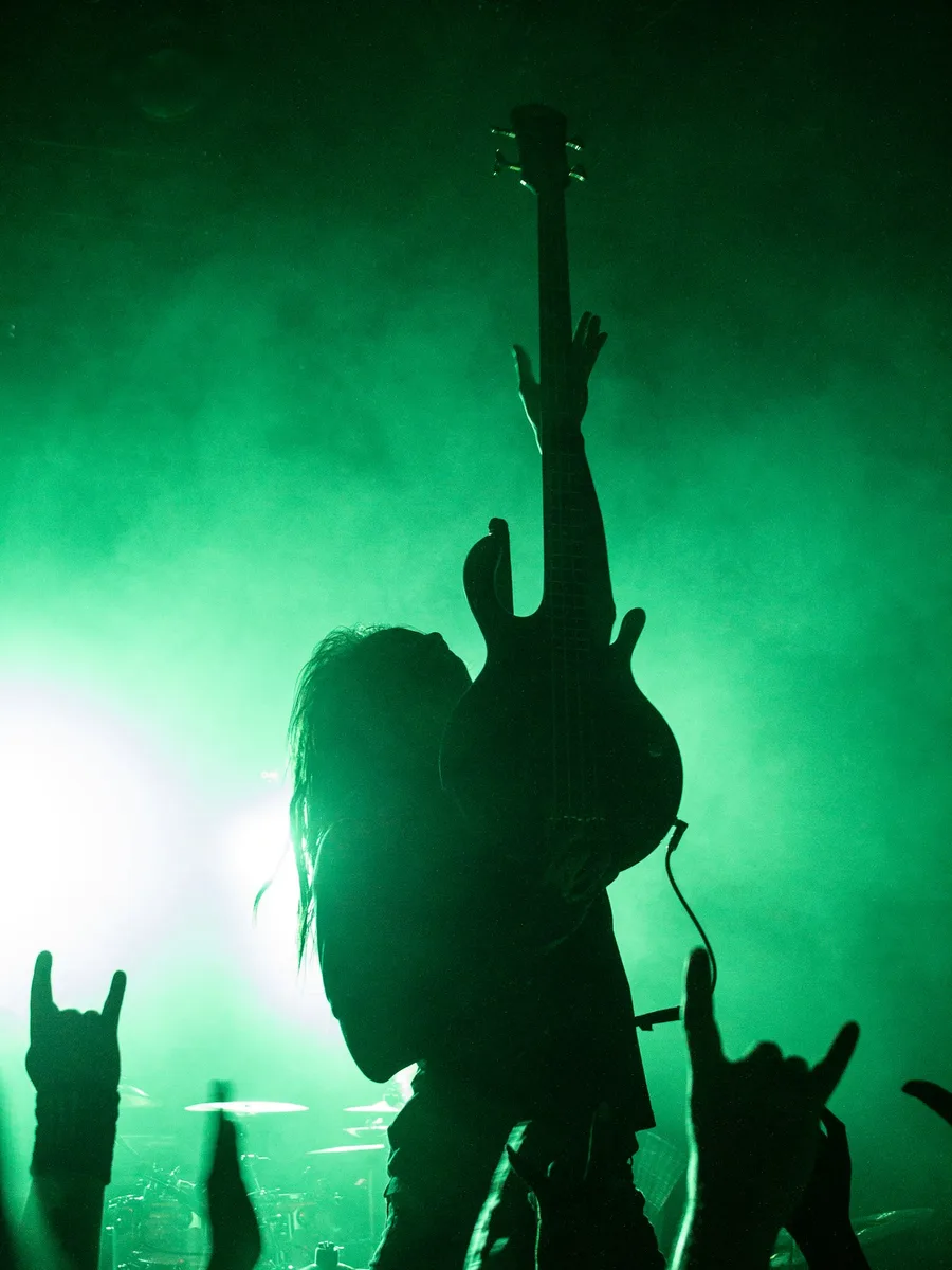 Silhouettes de spectateurs les bras levés devant une scène baignée de lumière verte, dans une salle de concert