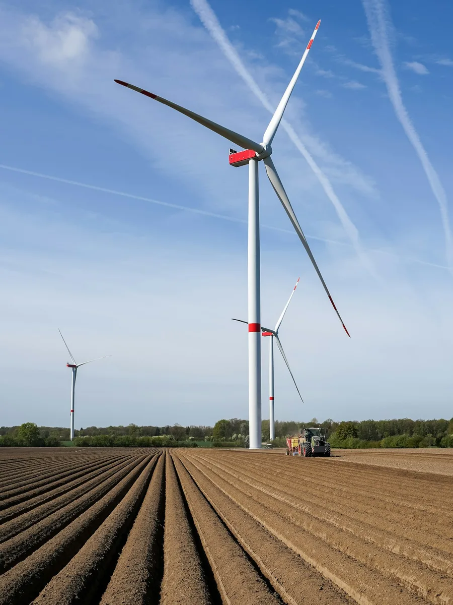 Éoliennes dressées au-dessus d'un tracteur dans un champ labouré, sous un ciel bleu