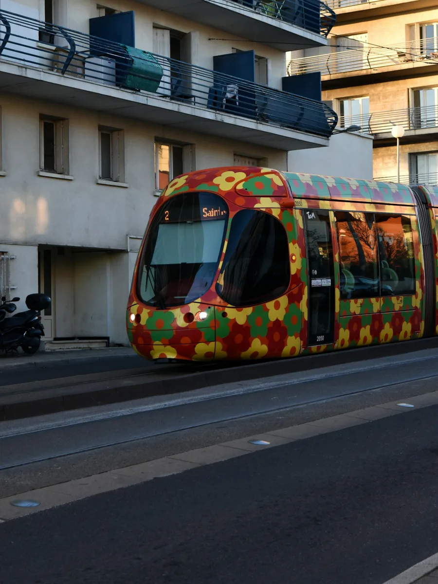 Un tramway de Montpellier à la livrée fleurie circulant devant un immeuble