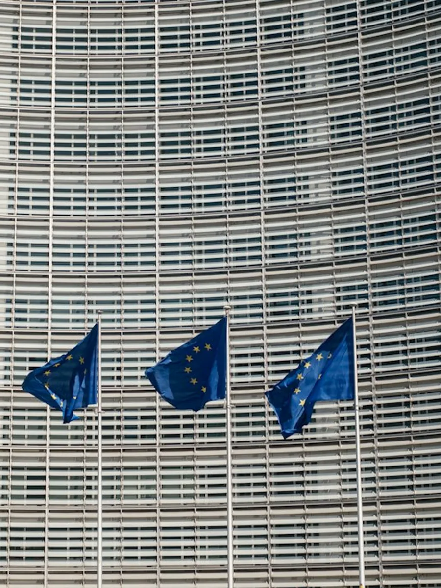 Des drapeaux européens flottent devant un bâtiment institutionnel