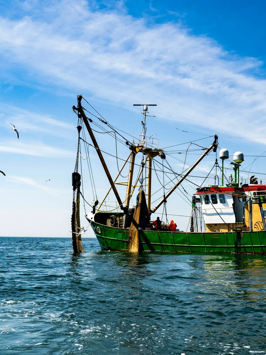 Un chalutier vert avec ses mâts et ses treuils, en mer sous un ciel bleu